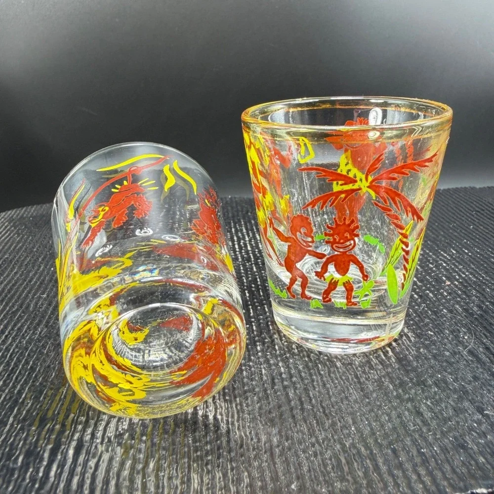 1950s Tiki Shot Glass Set 2 Bottoms Up Heres Looking At You Gold Rim Tropical - Picture 6 of 12